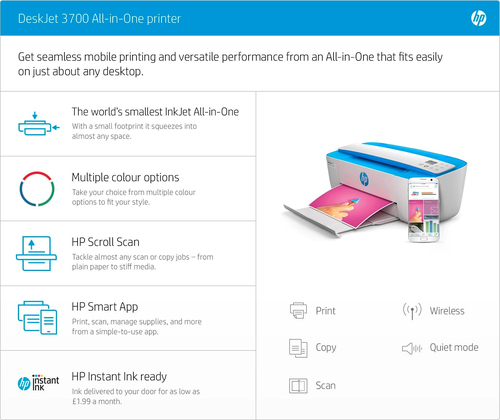 HP DeskJet 3762 All-in-One Printer, Color, Printer for Home, Print, copy, scan, wireless, Wireless; Instant Ink eligible; Print from phone or tablet; Scan to PDF, Thermal inkjet, Colour printing, 4800
