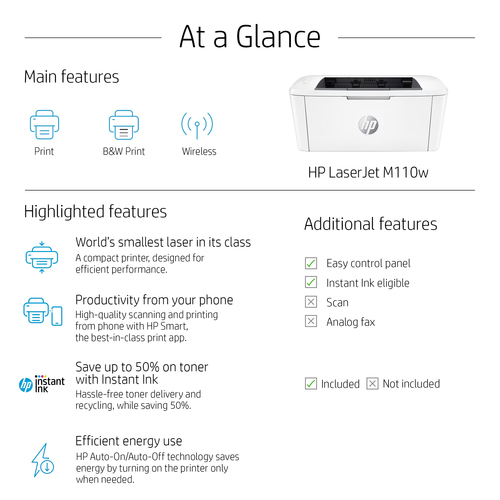 HP LaserJet M110w Printer, Black and white, Printer for Small office, Print, Compact Size, Laser, 600 x 600 DPI, A4, 20 ppm, Network ready, White